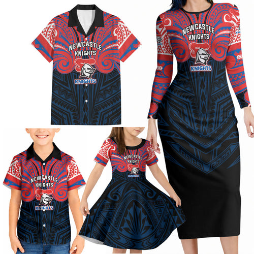 Custom Newcastle Knight Family Matching Long Sleeve Bodycon Dress and Hawaiian Shirt Knight Warrior Polynesia Islander Rugby Mascot