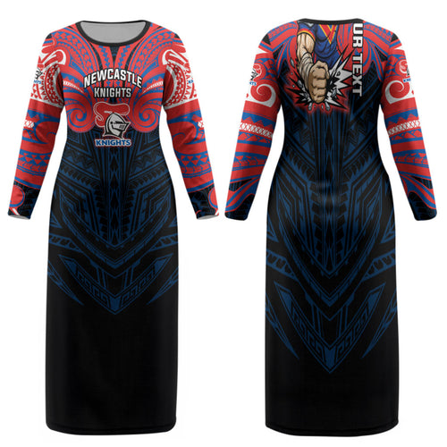 Custom Newcastle Knight Family Matching Long Sleeve Bodycon Dress and Hawaiian Shirt Knight Warrior Polynesia Islander Rugby Mascot