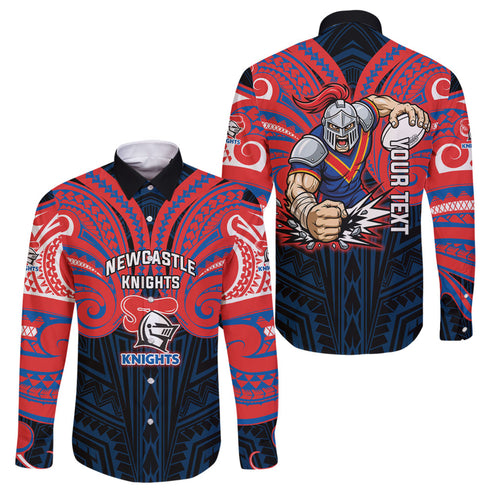 Custom Newcastle Knight Family Matching Long Sleeve Bodycon Dress and Hawaiian Shirt Knight Warrior Polynesia Islander Rugby Mascot