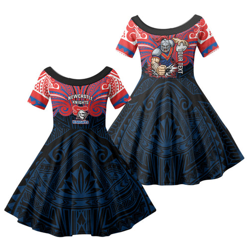 Custom Newcastle Knight Family Matching Long Sleeve Bodycon Dress and Hawaiian Shirt Knight Warrior Polynesia Islander Rugby Mascot