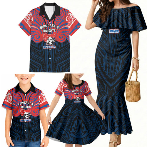 Custom Newcastle Knight Family Matching Mermaid Dress and Hawaiian Shirt Knight Warrior Polynesia Islander Rugby Mascot