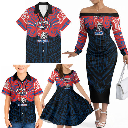 Custom Newcastle Knight Family Matching Off The Shoulder Long Sleeve Dress and Hawaiian Shirt Knight Warrior Polynesia Islander Rugby Mascot