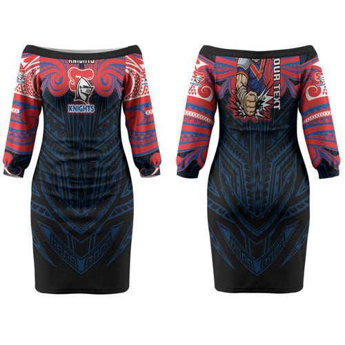 Custom Newcastle Knight Family Matching Off The Shoulder Long Sleeve Dress and Hawaiian Shirt Knight Warrior Polynesia Islander Rugby Mascot