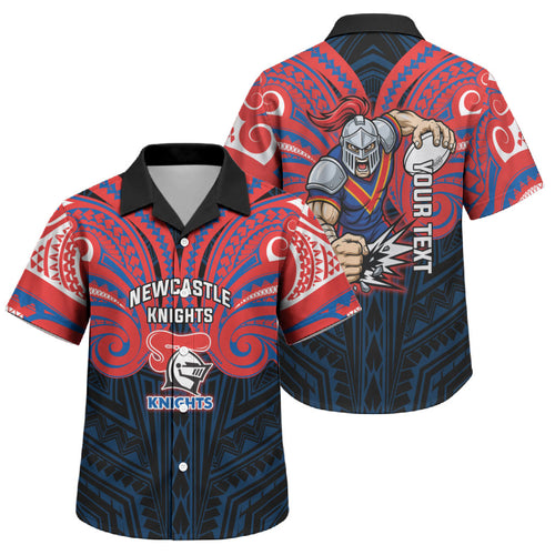 Custom Newcastle Knight Family Matching Off The Shoulder Long Sleeve Dress and Hawaiian Shirt Knight Warrior Polynesia Islander Rugby Mascot