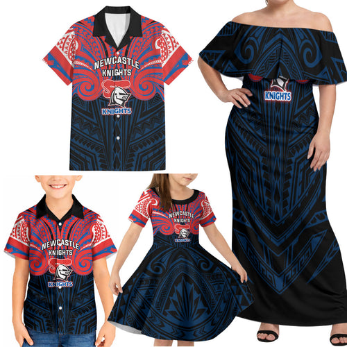 Custom Newcastle Knight Family Matching Off Shoulder Maxi Dress and Hawaiian Shirt Knight Warrior Polynesia Islander Rugby Mascot