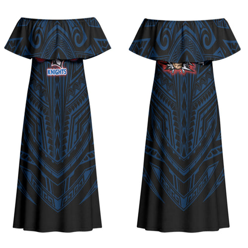 Custom Newcastle Knight Family Matching Off Shoulder Maxi Dress and Hawaiian Shirt Knight Warrior Polynesia Islander Rugby Mascot