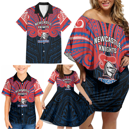 Custom Newcastle Knight Family Matching Off Shoulder Short Dress and Hawaiian Shirt Knight Warrior Polynesia Islander Rugby Mascot