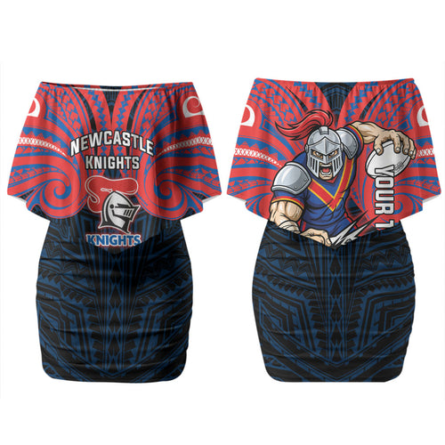 Custom Newcastle Knight Family Matching Off Shoulder Short Dress and Hawaiian Shirt Knight Warrior Polynesia Islander Rugby Mascot