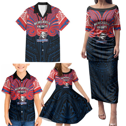 Custom Newcastle Knight Family Matching Puletasi and Hawaiian Shirt Knight Warrior Polynesia Islander Rugby Mascot
