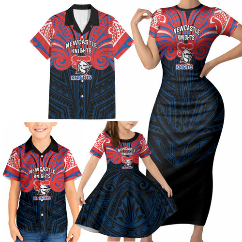 Custom Newcastle Knight Family Matching Short Sleeve Bodycon Dress and Hawaiian Shirt Knight Warrior Polynesia Islander Rugby Mascot