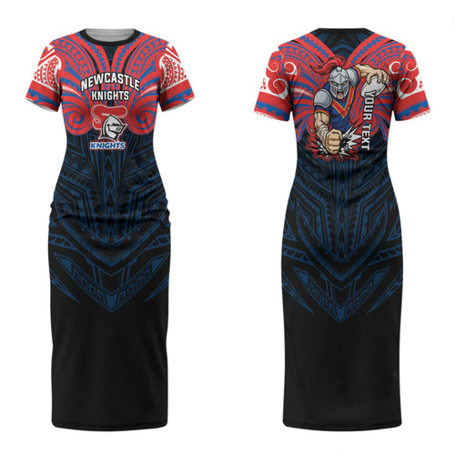 Custom Newcastle Knight Family Matching Short Sleeve Bodycon Dress and Hawaiian Shirt Knight Warrior Polynesia Islander Rugby Mascot