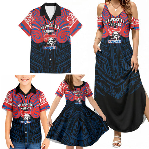 Custom Newcastle Knight Family Matching Summer Maxi Dress and Hawaiian Shirt Knight Warrior Polynesia Islander Rugby Mascot