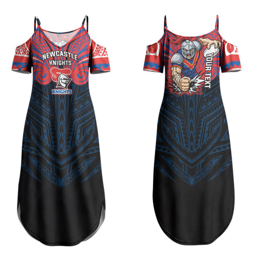 Custom Newcastle Knight Family Matching Summer Maxi Dress and Hawaiian Shirt Knight Warrior Polynesia Islander Rugby Mascot