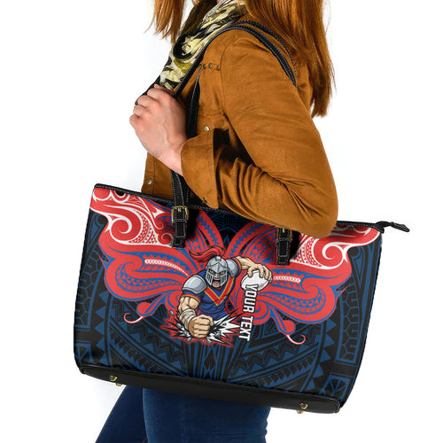 Custom Newcastle Knight Leather Tote Bag Knight Warrior Polynesia Islander Rugby Mascot