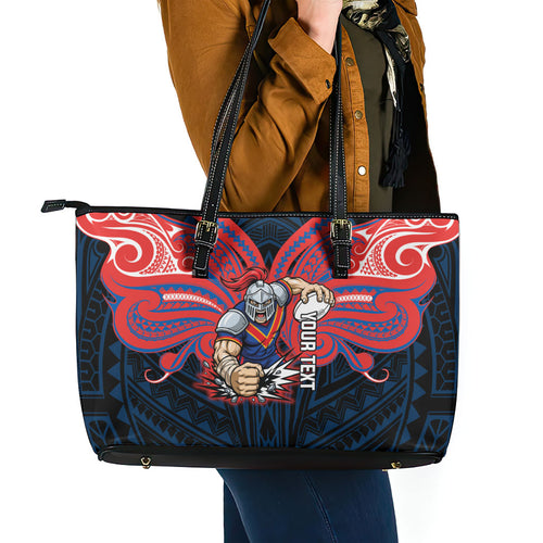 Custom Newcastle Knight Leather Tote Bag Knight Warrior Polynesia Islander Rugby Mascot