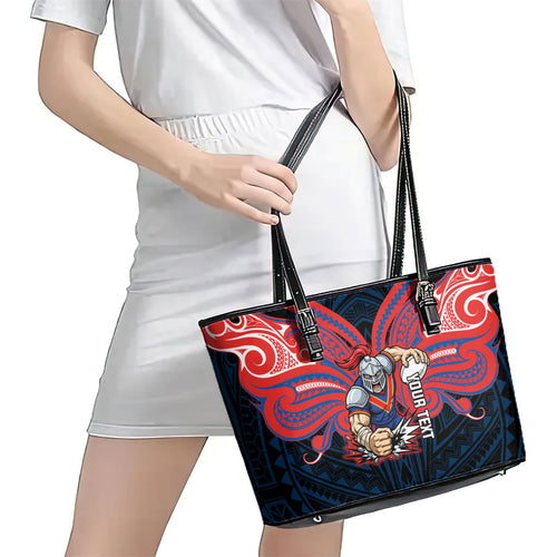 Custom Newcastle Knight Leather Tote Bag Knight Warrior Polynesia Islander Rugby Mascot