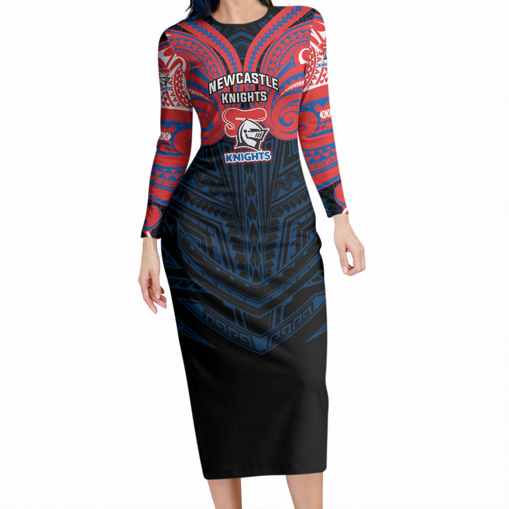 Custom Newcastle Knight Long Sleeve Bodycon Dress Knight Warrior Polynesia Islander Rugby Mascot