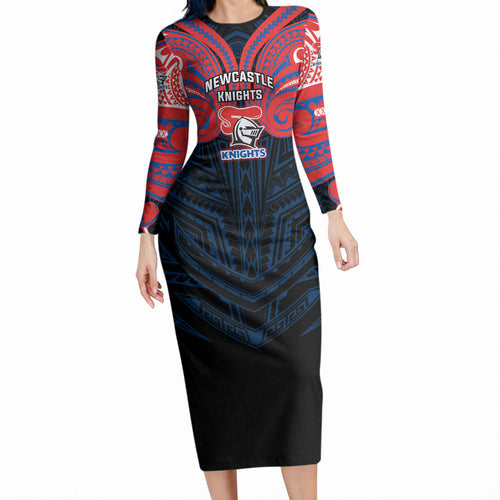 Custom Newcastle Knight Long Sleeve Bodycon Dress Knight Warrior Polynesia Islander Rugby Mascot
