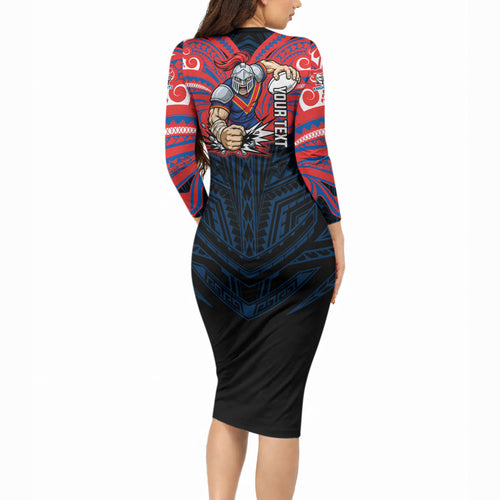 Custom Newcastle Knight Long Sleeve Bodycon Dress Knight Warrior Polynesia Islander Rugby Mascot