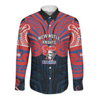 Custom Newcastle Knight Long Sleeve Button Shirt Knight Warrior Polynesia Islander Rugby Mascot
