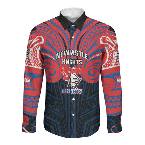 Custom Newcastle Knight Long Sleeve Button Shirt Knight Warrior Polynesia Islander Rugby Mascot