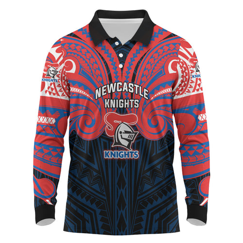 Custom Newcastle Knight Long Sleeve Polo Shirt Knight Warrior Polynesia Islander Rugby Mascot