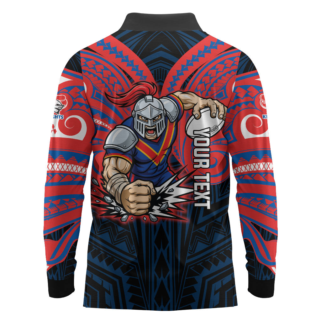 Custom Newcastle Knight Long Sleeve Polo Shirt Knight Warrior Polynesia Islander Rugby Mascot