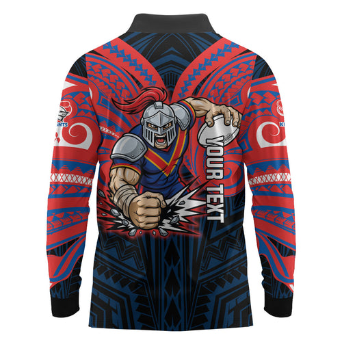 Custom Newcastle Knight Long Sleeve Polo Shirt Knight Warrior Polynesia Islander Rugby Mascot