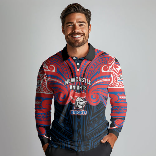 Custom Newcastle Knight Long Sleeve Polo Shirt Knight Warrior Polynesia Islander Rugby Mascot