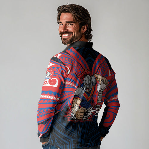 Custom Newcastle Knight Long Sleeve Polo Shirt Knight Warrior Polynesia Islander Rugby Mascot