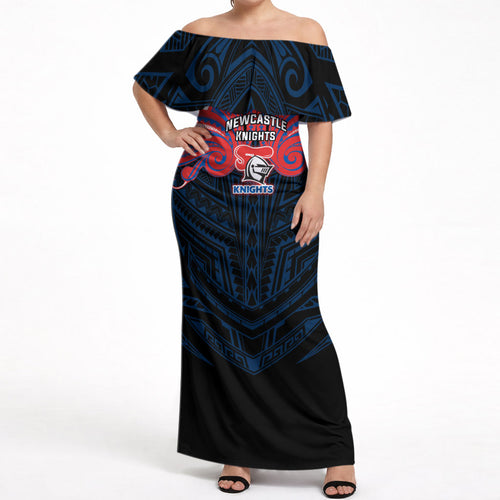 Custom Newcastle Knight Off Shoulder Maxi Dress Knight Warrior Polynesia Islander Rugby Mascot