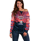 Custom Newcastle Knight Off Shoulder Sweater Knight Warrior Polynesia Islander Rugby Mascot