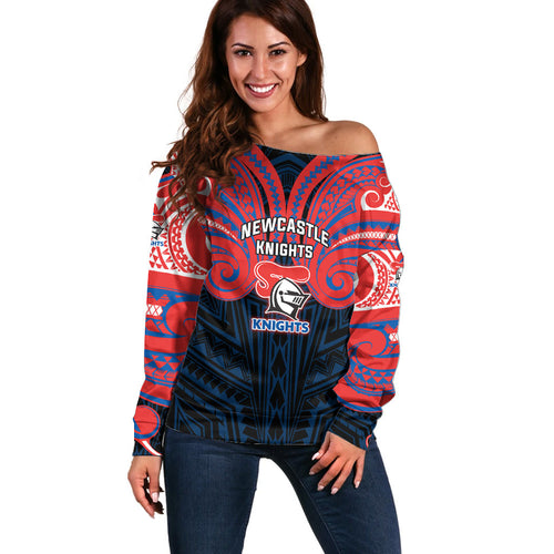 Custom Newcastle Knight Off Shoulder Sweater Knight Warrior Polynesia Islander Rugby Mascot