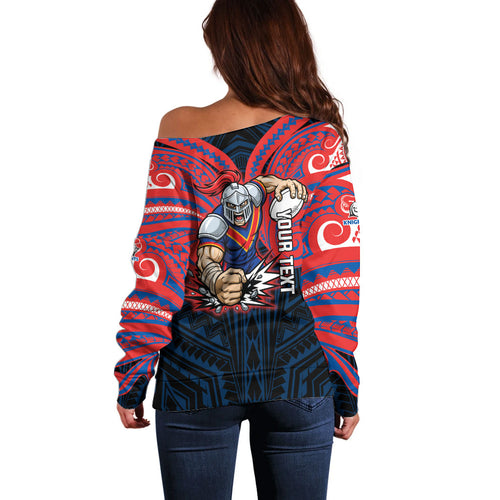 Custom Newcastle Knight Off Shoulder Sweater Knight Warrior Polynesia Islander Rugby Mascot