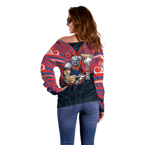 Custom Newcastle Knight Off Shoulder Sweater Knight Warrior Polynesia Islander Rugby Mascot