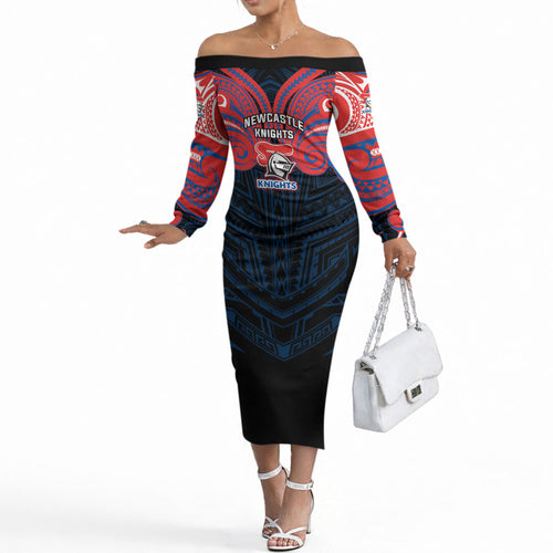 Custom Newcastle Knight Off The Shoulder Long Sleeve Dress Knight Warrior Polynesia Islander Rugby Mascot