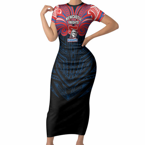 Custom Newcastle Knight Short Sleeve Bodycon Dress Knight Warrior Polynesia Islander Rugby Mascot