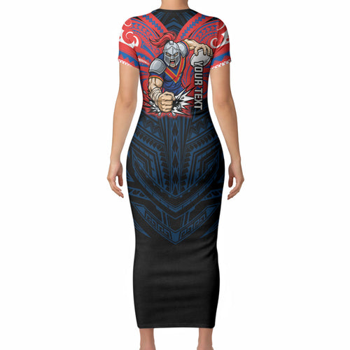 Custom Newcastle Knight Short Sleeve Bodycon Dress Knight Warrior Polynesia Islander Rugby Mascot