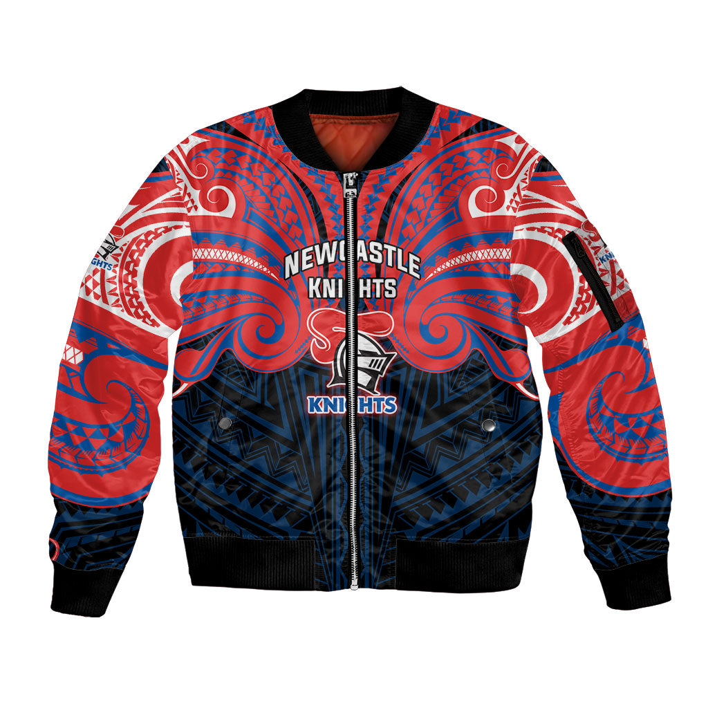 Custom Newcastle Knight Sleeve Zip Bomber Jacket Knight Warrior Polynesia Islander Rugby Mascot