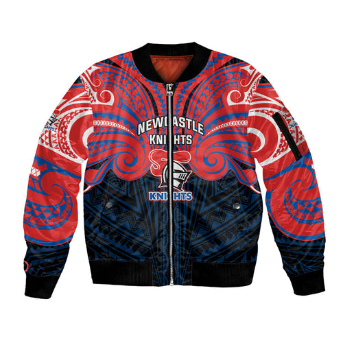 Custom Newcastle Knight Sleeve Zip Bomber Jacket Knight Warrior Polynesia Islander Rugby Mascot