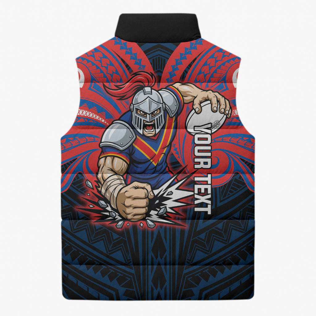 Custom Newcastle Knight Sleeveless Puffer Jacket Knight Warrior Polynesia Islander Rugby Mascot