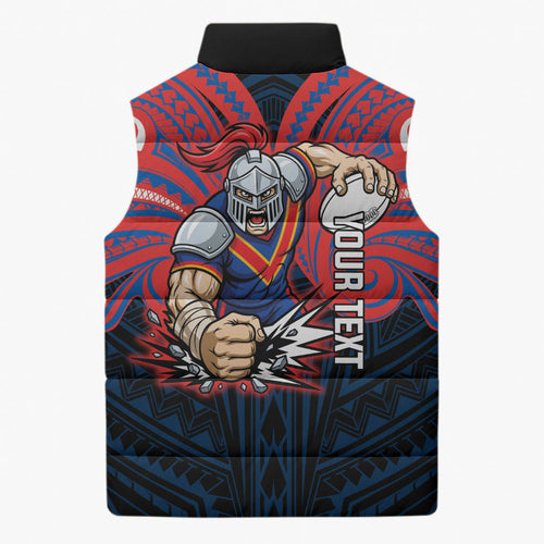 Custom Newcastle Knight Sleeveless Puffer Jacket Knight Warrior Polynesia Islander Rugby Mascot