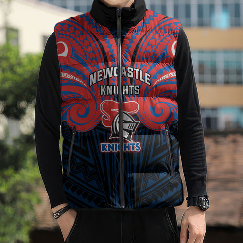 Custom Newcastle Knight Sleeveless Puffer Jacket Knight Warrior Polynesia Islander Rugby Mascot