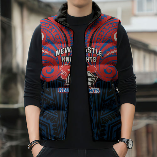 Custom Newcastle Knight Sleeveless Puffer Jacket Knight Warrior Polynesia Islander Rugby Mascot