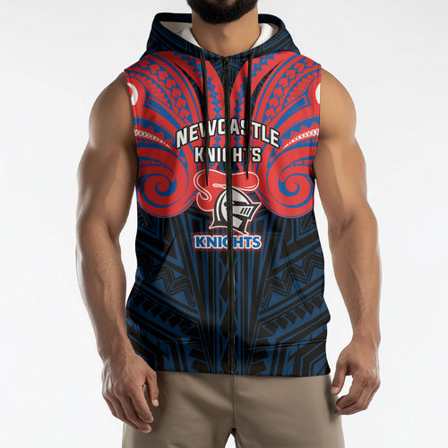 Custom Newcastle Knight Sleeveless Zip Hoodie Knight Warrior Polynesia Islander Rugby Mascot