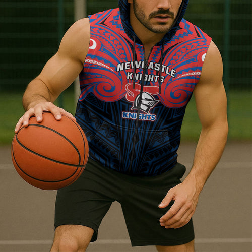 Custom Newcastle Knight Sleeveless Zip Hoodie Knight Warrior Polynesia Islander Rugby Mascot
