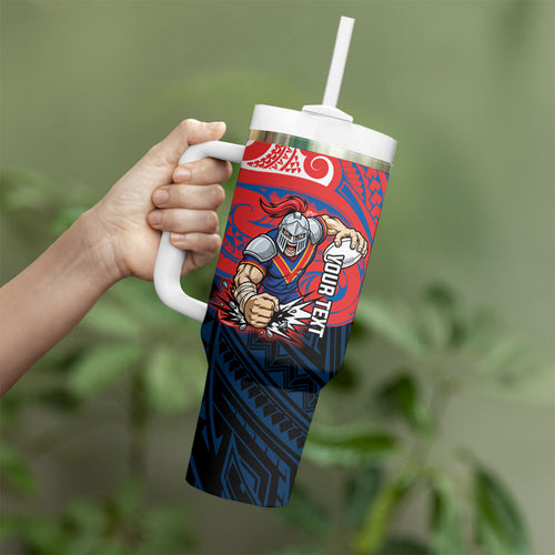 Custom Newcastle Knight Tumbler With Handle Knight Warrior Polynesia Islander Rugby Mascot