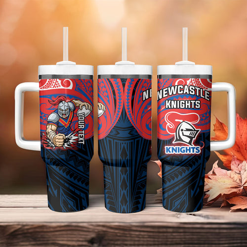 Custom Newcastle Knight Tumbler With Handle Knight Warrior Polynesia Islander Rugby Mascot