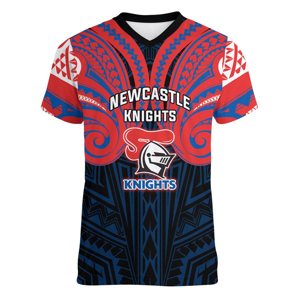 Custom Newcastle Knight Women V-Neck T-Shirt Knight Warrior Polynesia Islander Rugby Mascot