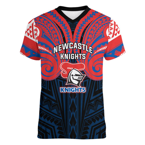 Custom Newcastle Knight Women V-Neck T-Shirt Knight Warrior Polynesia Islander Rugby Mascot